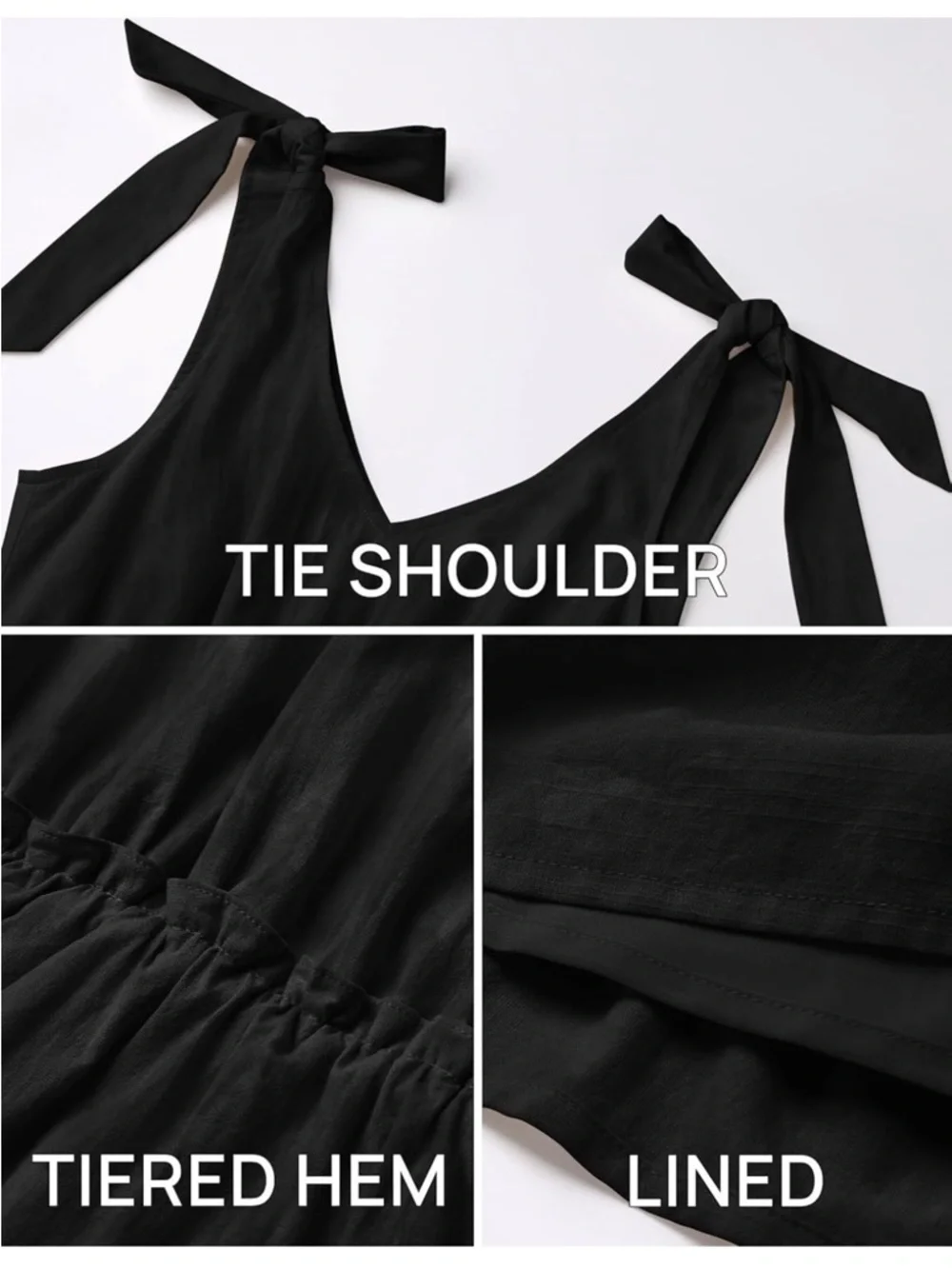 NWT Black Mini Dress S Tie Shoulder Tiered Ruffle Boho Swing - Picture 6 of 8